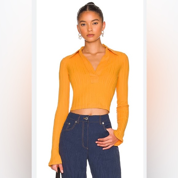 NWT Helmut Lang Cotton Cropped Rib Knit Long Sleeve Polo in Orange, Size XS - Picture 2 of 14